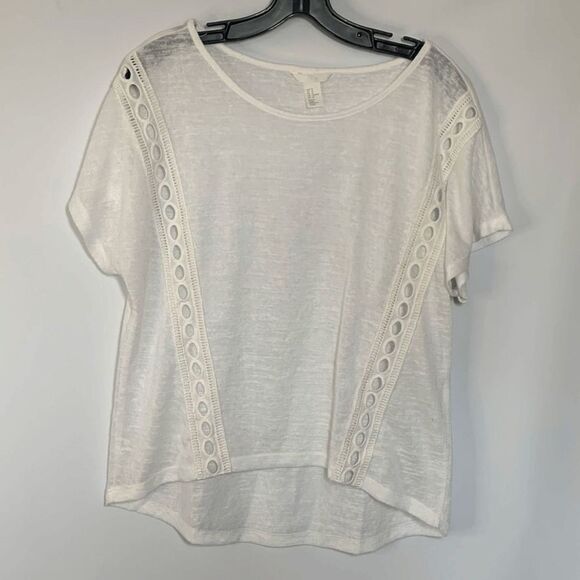 H&M Women's Eyelet Accent Sheer Knit Short Sleeve Pullover White Top Size M - Picture 1 of 7